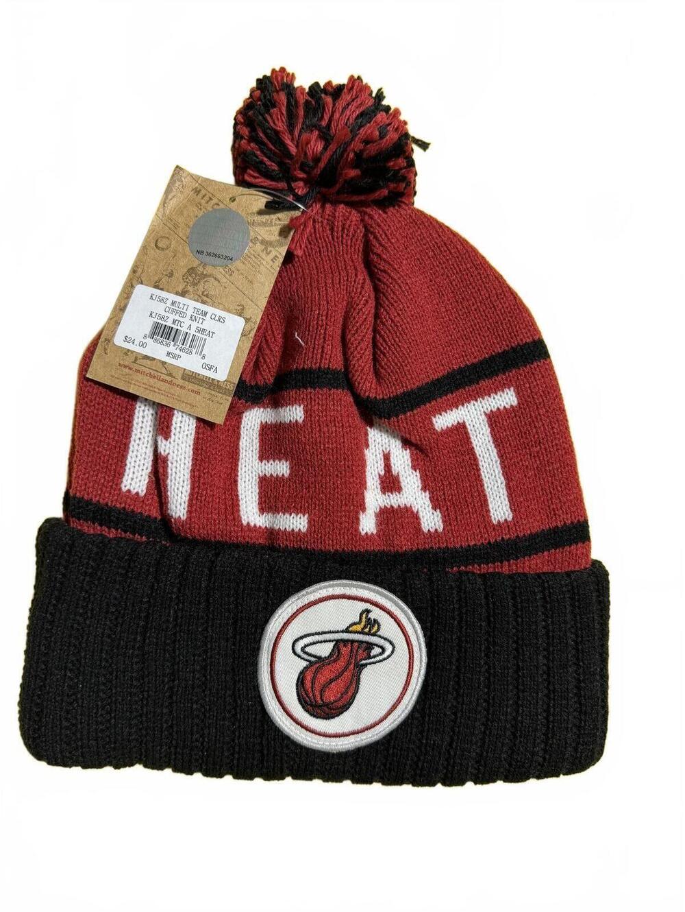 Mitchell & Ness Miami Heat Knit Beanie Hat with Pom Pom